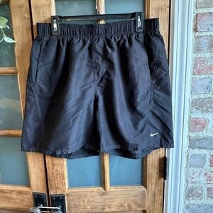 Nike Unlined Swim Trunks Mens Large Black Solid Mesh Lined Pockets RN37966